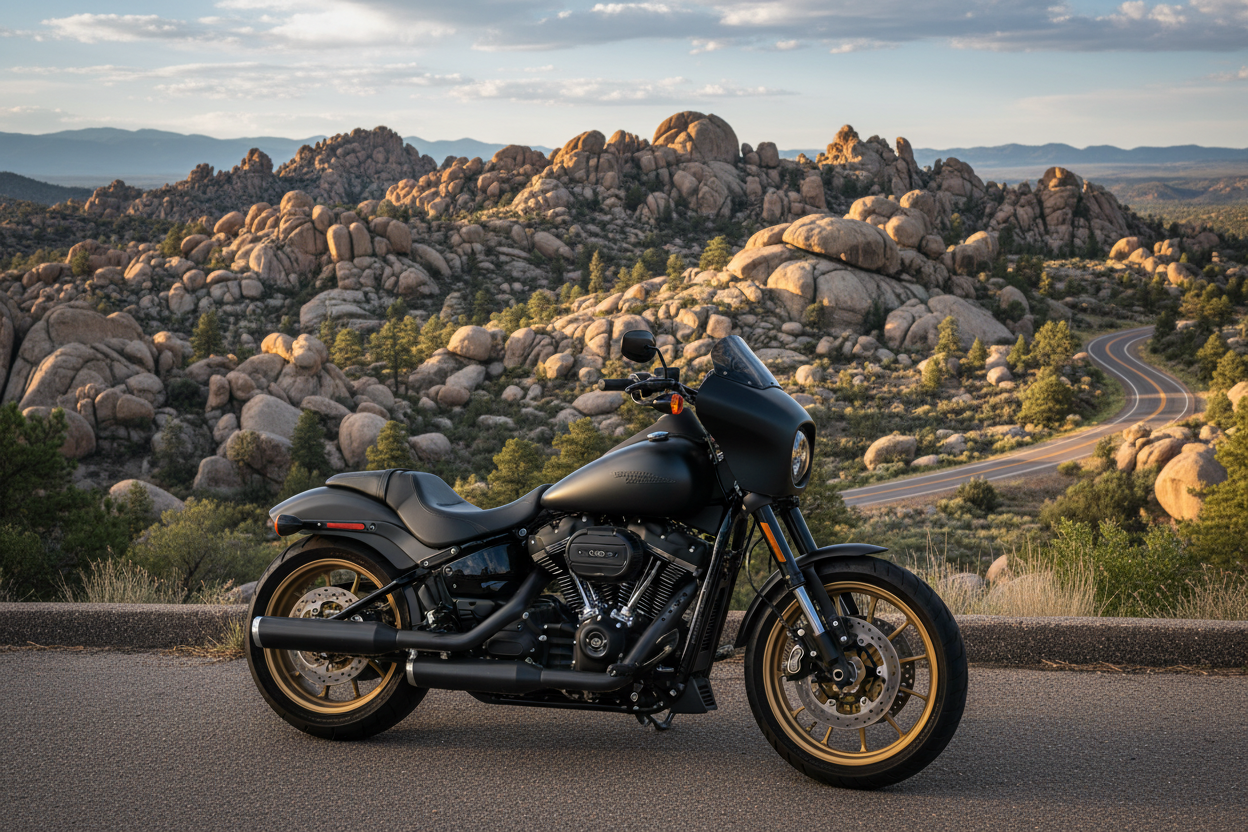 starting over. show me a harley low rider S with a memphis shade road warior fairing with the granite dells in Prescott, AZ as a backdrop